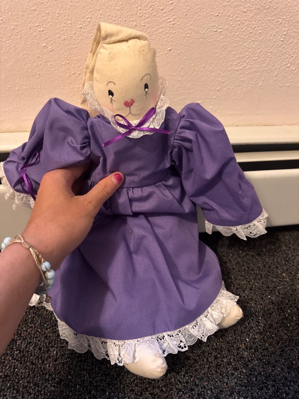 hand sewn bunny with dress Handmade Lavender Cloth Lace